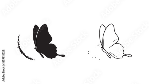 Butterfly silhouette with scattered petals and transparent background