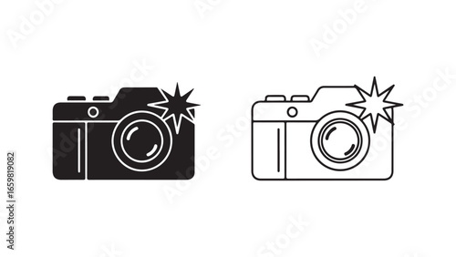 Camera icon with flash, black and white outline