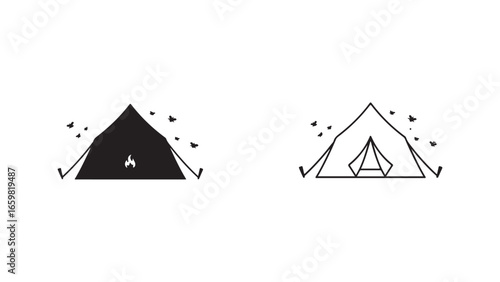 Camping tent with campfire and birds with transparent background