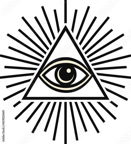 Vector Illustration of Mystical All-Seeing Eye Inside Triangle with Sacred Geometry Lines, Radiant Light Beams, and Esoteric Symbolic Design in Minimal Line Art Style.