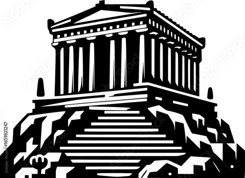 Minimalist black and white vector icon of the Acropolis of Athens. Clean, modern, geometric style perfect for logos, stickers, or digital use.