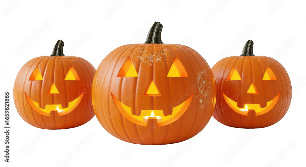 Fototapeta premium Three glowing carved halloween pumpkins with spooky faces arranged together isolated on transparent background