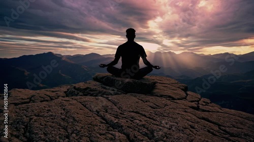 Man silhouette practicing yoga meditation on mountain peak at sunset finding inner peace spiritual journey concept man silhouette reaching zen and mindfulness