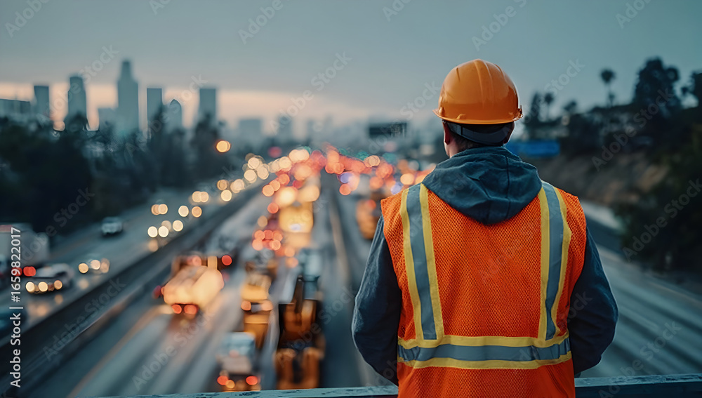 A construction worker observes city traffic at dusk, showcasing the intersection of infrastructure and urban life. Safety gear highlights his role. A construction worker observes city traffic at dusk, showcasing the intersection of infrastructure and urban life. Safety gear highlights his role.