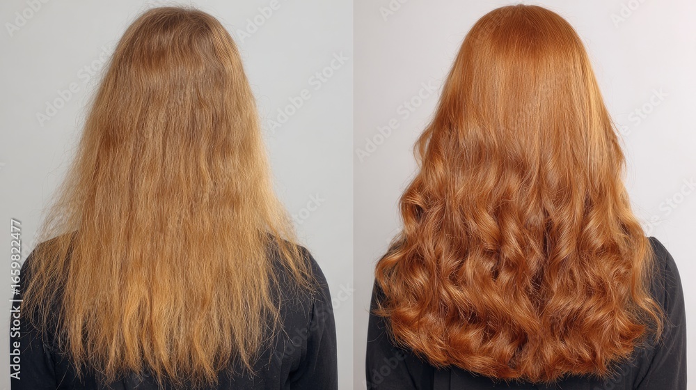 Fototapeta premium Transformation of Hair Texture from Frizzy to Smooth and Glossy in a Before and After Photography Session