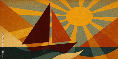 Retro vector illustration of a grunge sunburst pattern with a yellow sun symbol on a textured paper backdrop