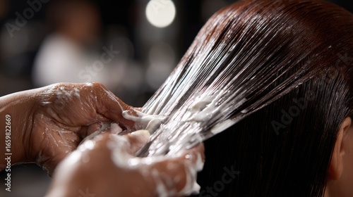 Professional Hair Treatment Process in Salon with Focus on Hands Applying Product to Long, Shiny Hair