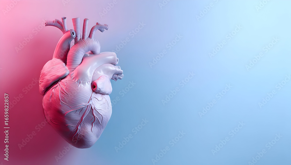 Naklejka premium A detailed anatomical representation of a human heart. The realistic model showcases the intricate structure and vital significance of this essential organ.