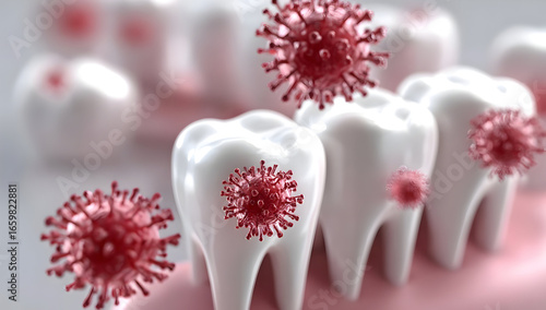 A detailed illustration of human teeth alongside virus representations, showcasing the importance of dental health and the threat of oral infections.