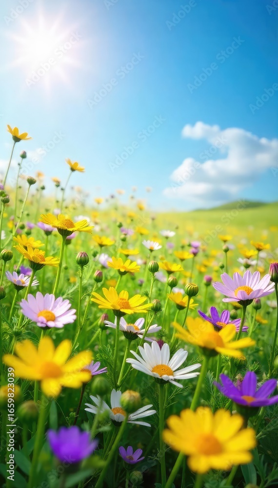 Fototapeta premium Vibrant Wildflowers in Full Bloom Under a Sunny Spring Sky A Joyful Field of Yellow, Purple, and White Blossoms Gently Swaying in the Breeze