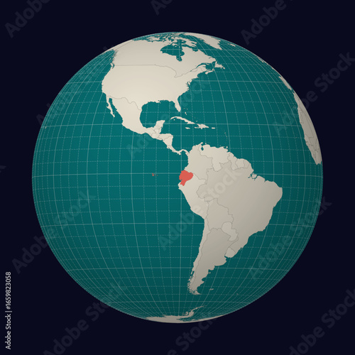 Ecuador on the map. Globe centered to Ecuador. Country location on the world map. Teal Pale Mint color palette. Globe with countries, meridians and parallels. Awesome vector illustration.