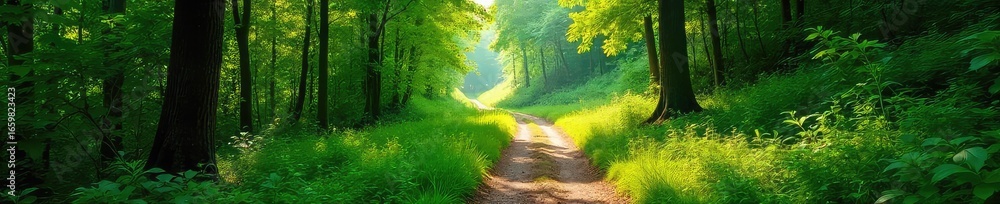 Fototapeta premium Winding Path Through Lush Green Forest A Journey of Solitude and Discovery