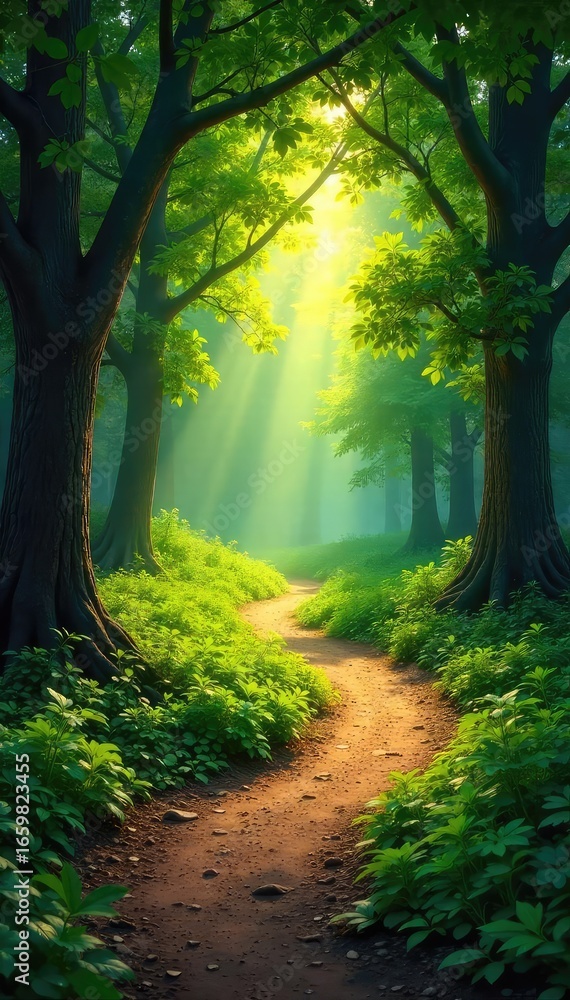 Naklejka premium A winding, sun-dappled path leads through a lush green forest, symbolizing a journey of growth and heritage, evoking feelings of lineage and legacy , light, sunlight