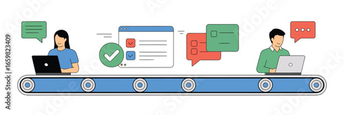 Two people using laptops on a conveyor belt with check marks and speech bubbles in a cartoon style