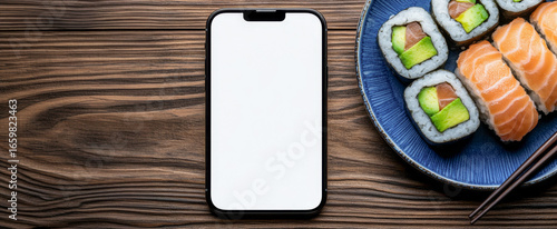 White Screen Smartphone Mockup with Sushi Dinner on Wooden Table: Top View of Blank Screen Mobile Phone with Sushi Avocado and Salmon Banner with Copy Space