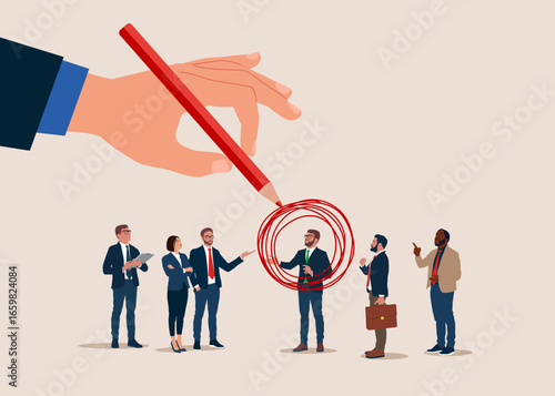Hand businessman hold touch pencil draw doodle circle choose best contact worker. Confident man candidate vacation. Onboarding employee, warm welcome to new office, orientation training on first day.