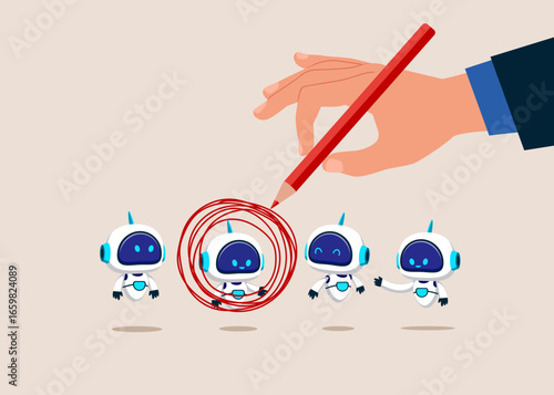Hand businessman hold touch pencil draw doodle circle choose best contact robot. Onboarding cyborg, warm welcome to new technology, orientation training on first day. Flat vector illustration
