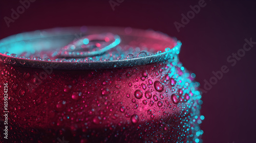 Close up of a Condensation droplet on red refreshing soda can tab isolated on red background 