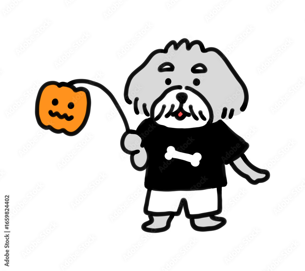 Fototapeta premium ハロウィンのカボチャのランタンを持った手描きの犬