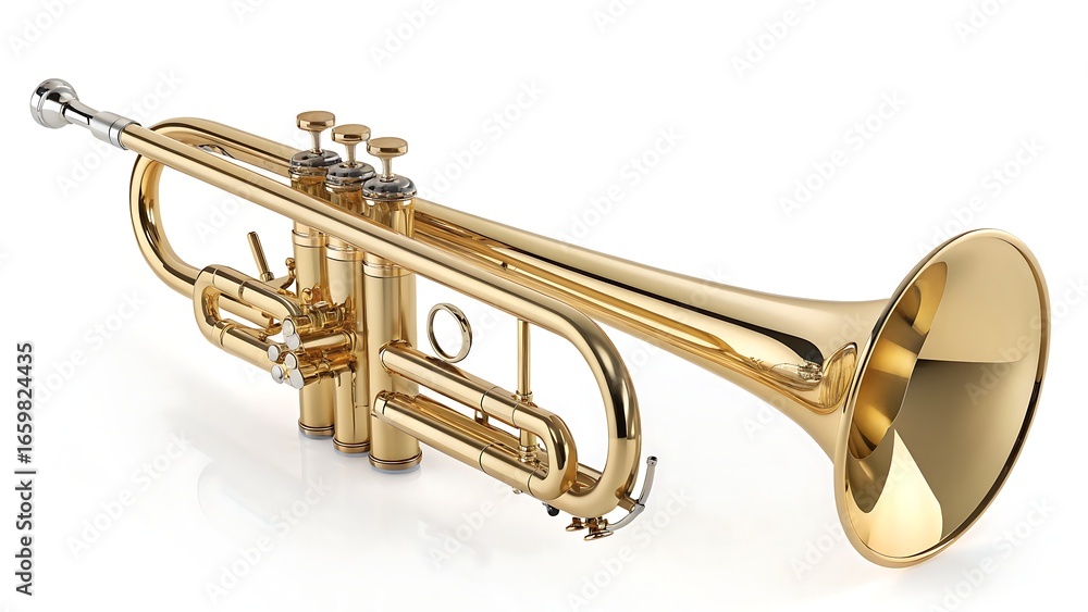 Obraz premium Golden polished brass trumpet isolated on white with clipping path, professional musical instrument image for design use