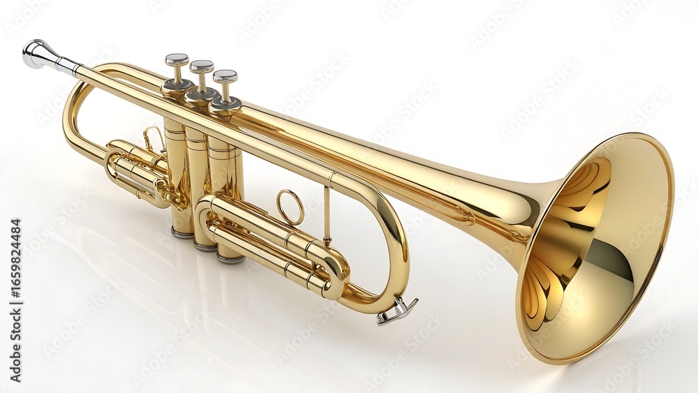 Obraz premium Golden polished brass trumpet isolated on white with clipping path, professional musical instrument image for design use