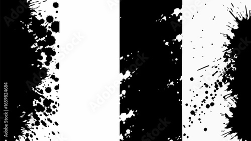 Vector monochrome abstract background featuring black ink splatters and drips on a white canvas design artful style