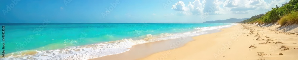 Obraz premium Golden sand meets turquoise water on a pristine beach Sun-kissed dunes stretch towards a clear, calm ocean under a bright sky Perfect for relaxation and escape , background, seaside, sunlight