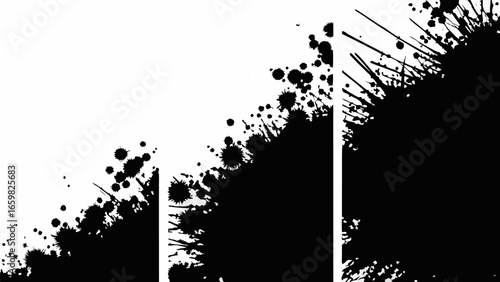 Vector black paint splatters and drips arranged in three separate sections on a white background design element
