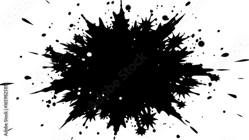 Vector abstract black ink blot with splatters and jagged edges creating a dynamic and artistic composition effect