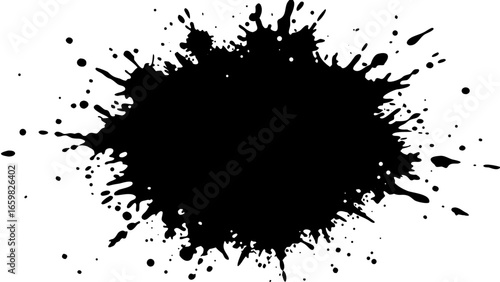 Vector abstract black ink blot with splatters and drips creating a dynamic and textured visual element design