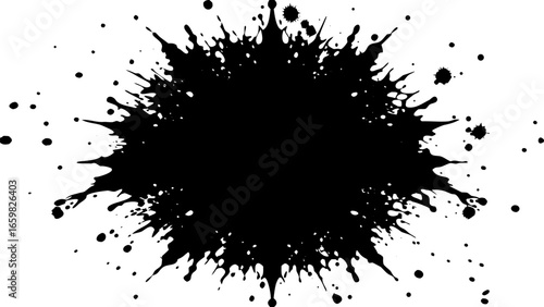 Vector illustration of a large black ink blot with splatters and drips on a white background creating a dynamic effect