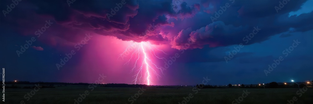 Fototapeta premium Dramatic Lightning Strike Illuminates Dark Landscape During a Powerful Thunderstorm