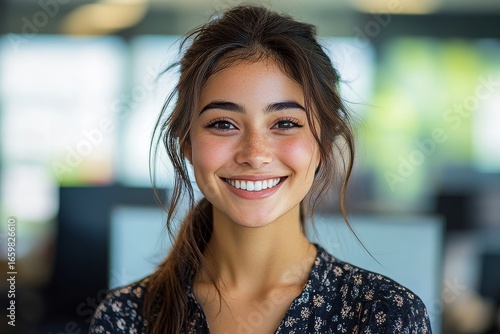 Happy attractive young mixed-race woman smiling in the office. The image promotes positive and inclusive workplace culture, reflecting the benefits of diversity in professional settings, Generative AI