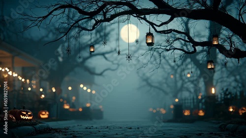 A spooky Halloween scene with glowing Jack-o'-lanterns lining a foggy path. Bare trees are adorned with lanterns, and a full moon illuminates the night sky.