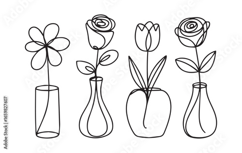 Minimalist line drawing of flowers in vases rose tulip