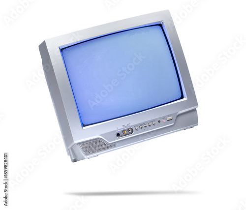 Working vintage CRT television PNG with transparent background. Retro silver TV monitor glowing screen, control buttons, AV ports, and built-in speaker for nostalgic creative projects.