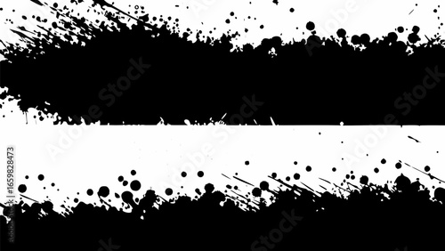 Vector black ink splatters and drips forming horizontal grunge borders on a white background creating contrast
