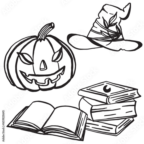 Linear Halloween icons with no background. Images of pumpkin, books and witch hat