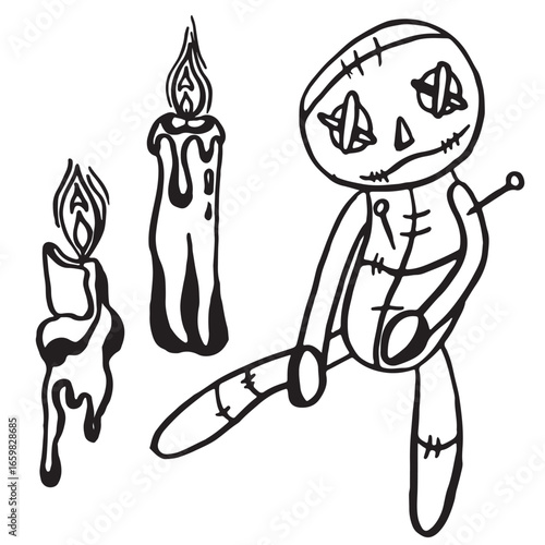 Voodoo doll and candles image. Halloween themed linear icons without background.