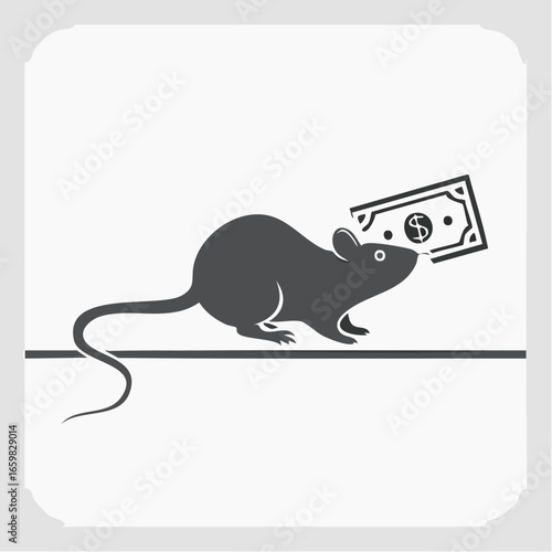 Minimalist vector icon of a rat biting a dollar bill, simple outline, monochrome black and white