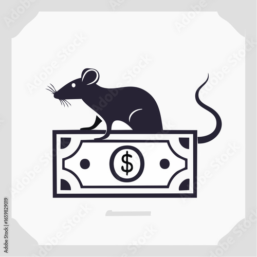 Sleek monochromatic vector illustration of a rat perched on a dollar bill, symbolizing financial exploitation, debt, or economic struggle and challenge.