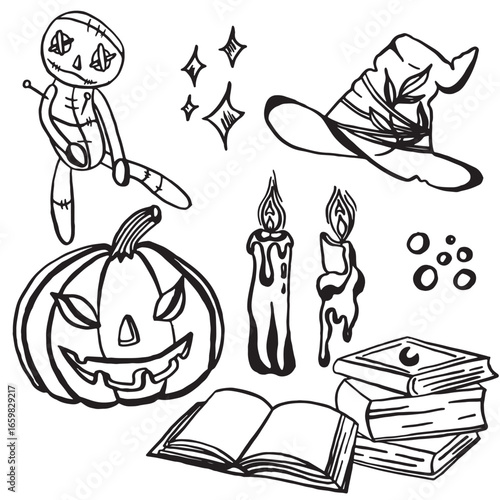 Set of basic elements for Halloween. Linear vector icons without background.