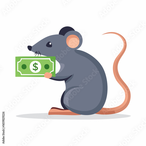 A simple flat vector icon of a gray rat biting a green dollar bill, symbolizing financial risk, inflation, and economic problems.