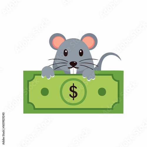 Cute Gray Rat Peeking Over a Green Dollar Bill - Flat Vector Icon
