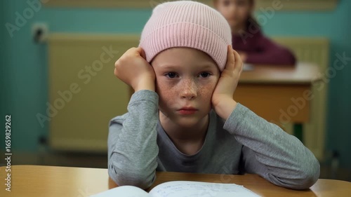 Bored elementary school child wearing pink woolen hat is resting her head on her hands, looking directly at the camera with an upset facial expression while sitting at a desk in a classroom