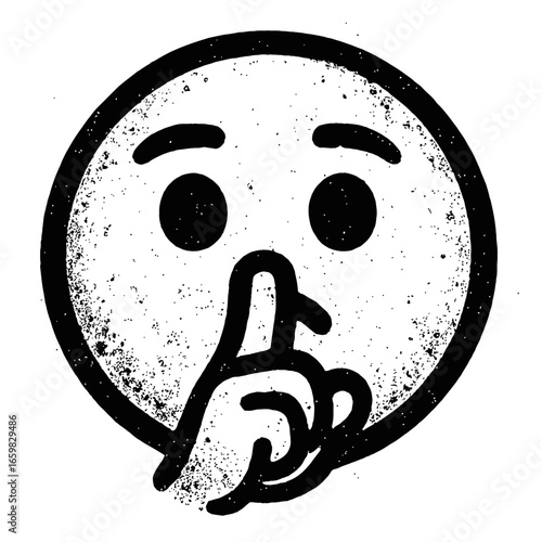 Black and White "Shushing" Emoji with a Finger on its Mouth - Quiet or Secret Concept Vector