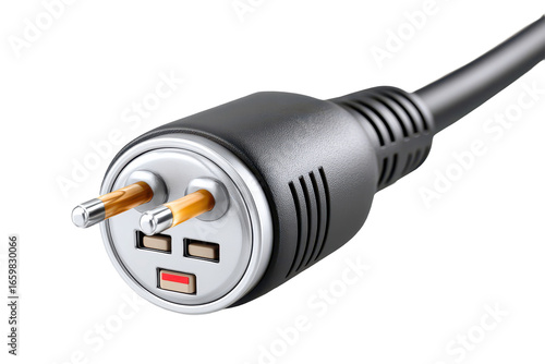 A close-up of a power plug featuring two prongs and USB ports, designed for electrical connections and charging devices.