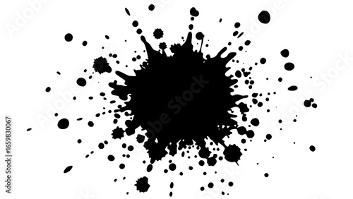Vector black ink blot with splatters and droplets on a white background creating an abstract design element useable