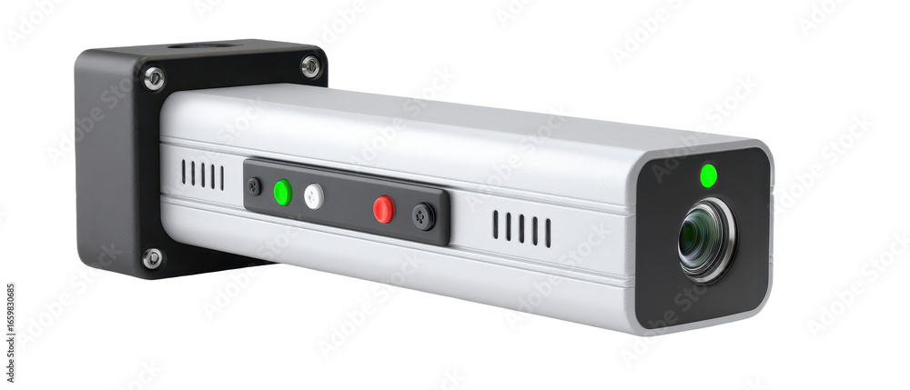 Fototapeta premium A sleek, modern security camera designed for surveillance with indicator lights and a cylindrical lens.
