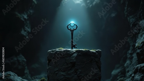 Ancient ornate key rests on mossy stone pedestal illuminated by celestial light in dark cavern